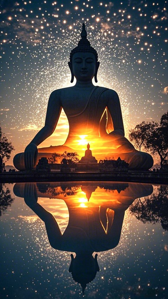 Buddha meditating at sunset reflection.