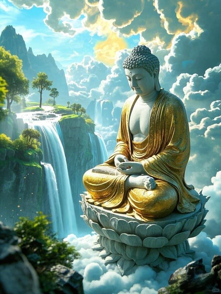 Buddha meditating on lotus amidst waterfalls