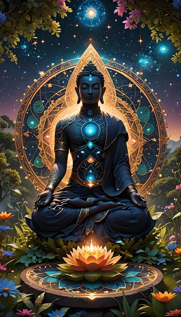 Buddha meditating in a cosmic lotus