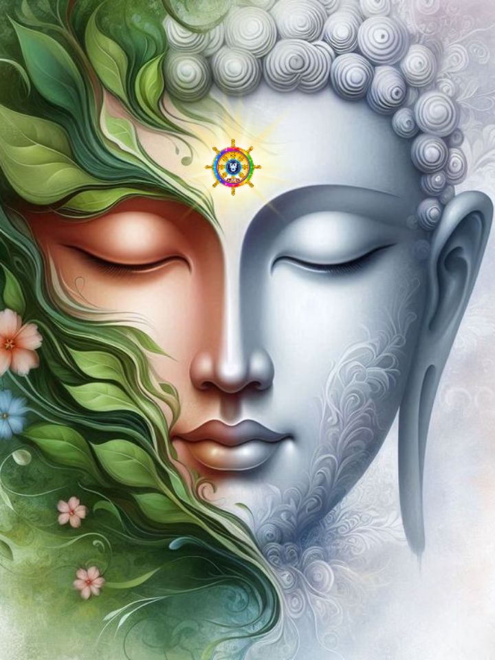 Serene Buddha face with floral design