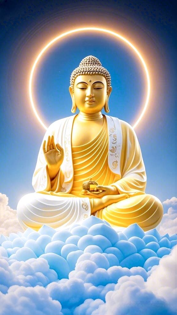 Golden Buddha meditating in the clouds