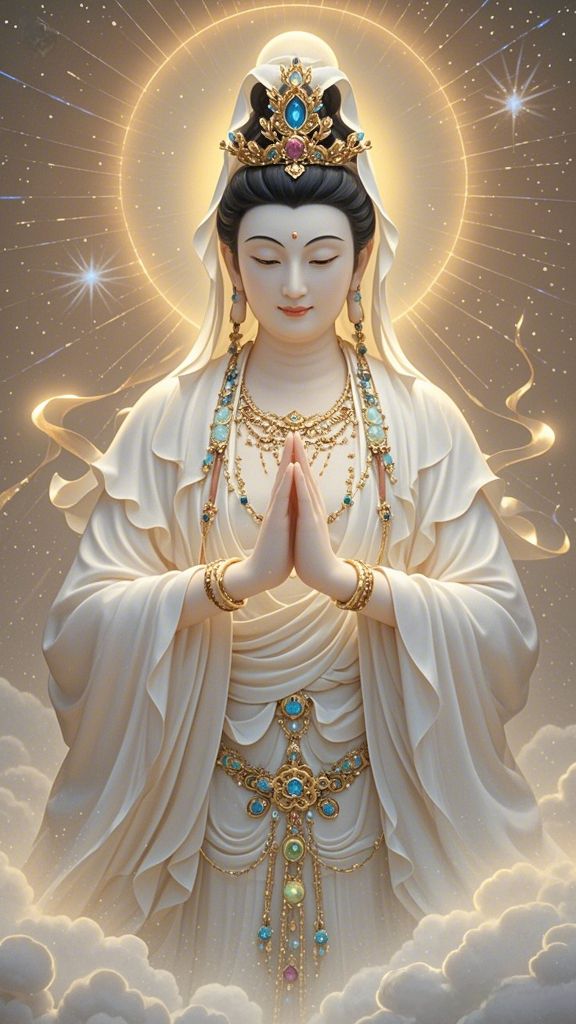 Serene Buddha in white robes meditating