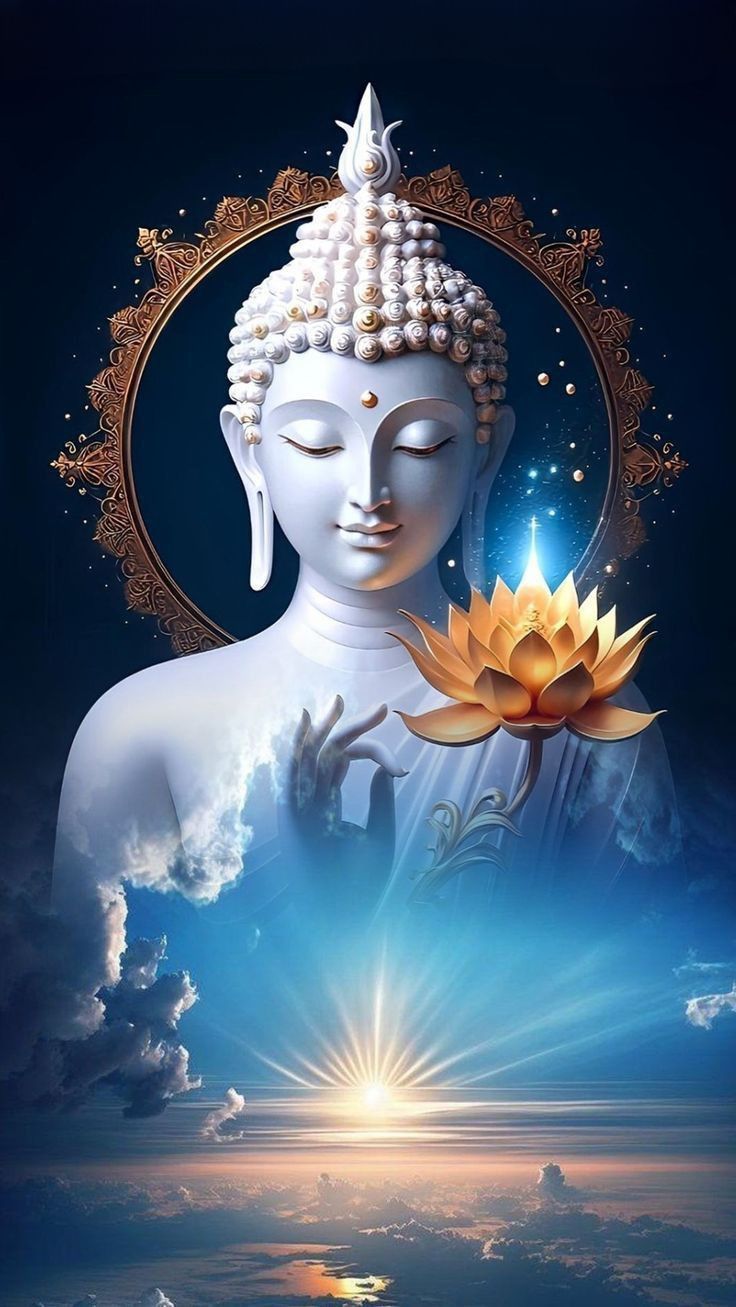 Buddha meditating with golden lotus flower