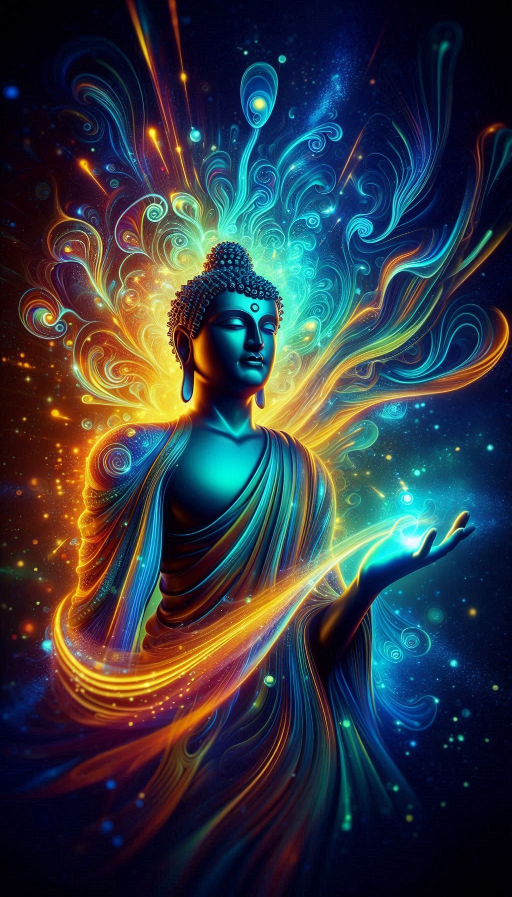 Buddha meditating in cosmic energy