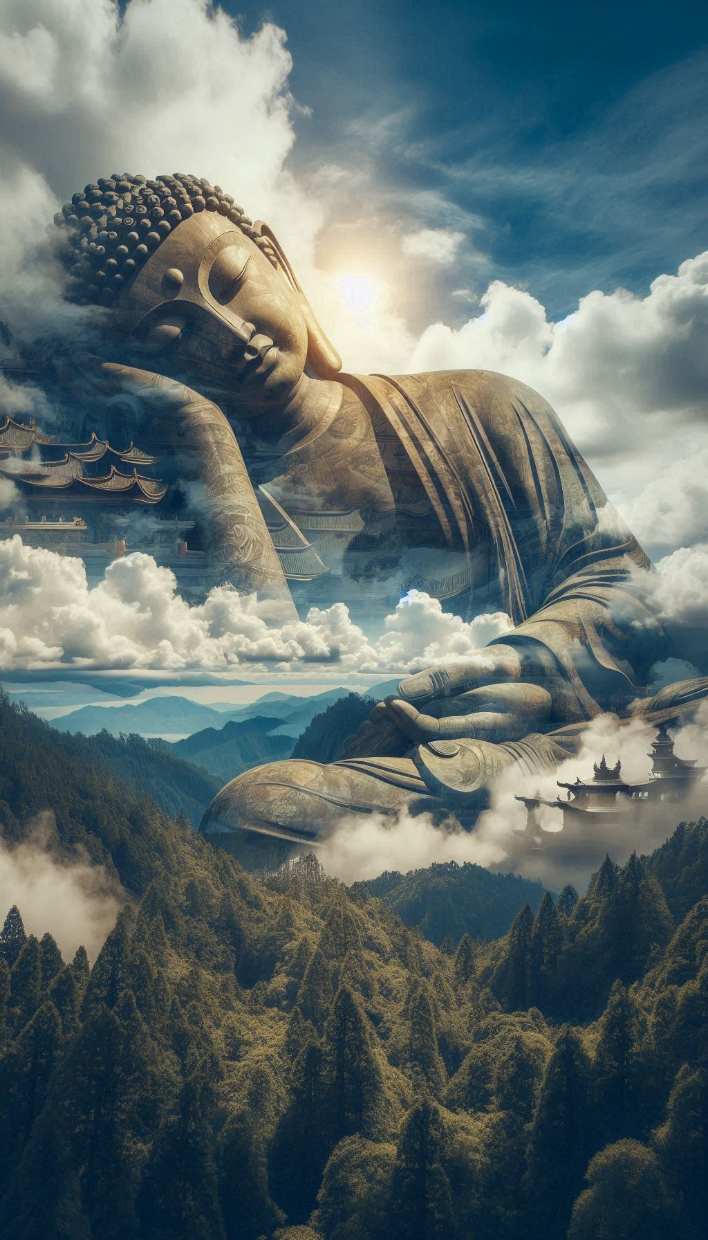 Buddha statue amidst mountains and clouds