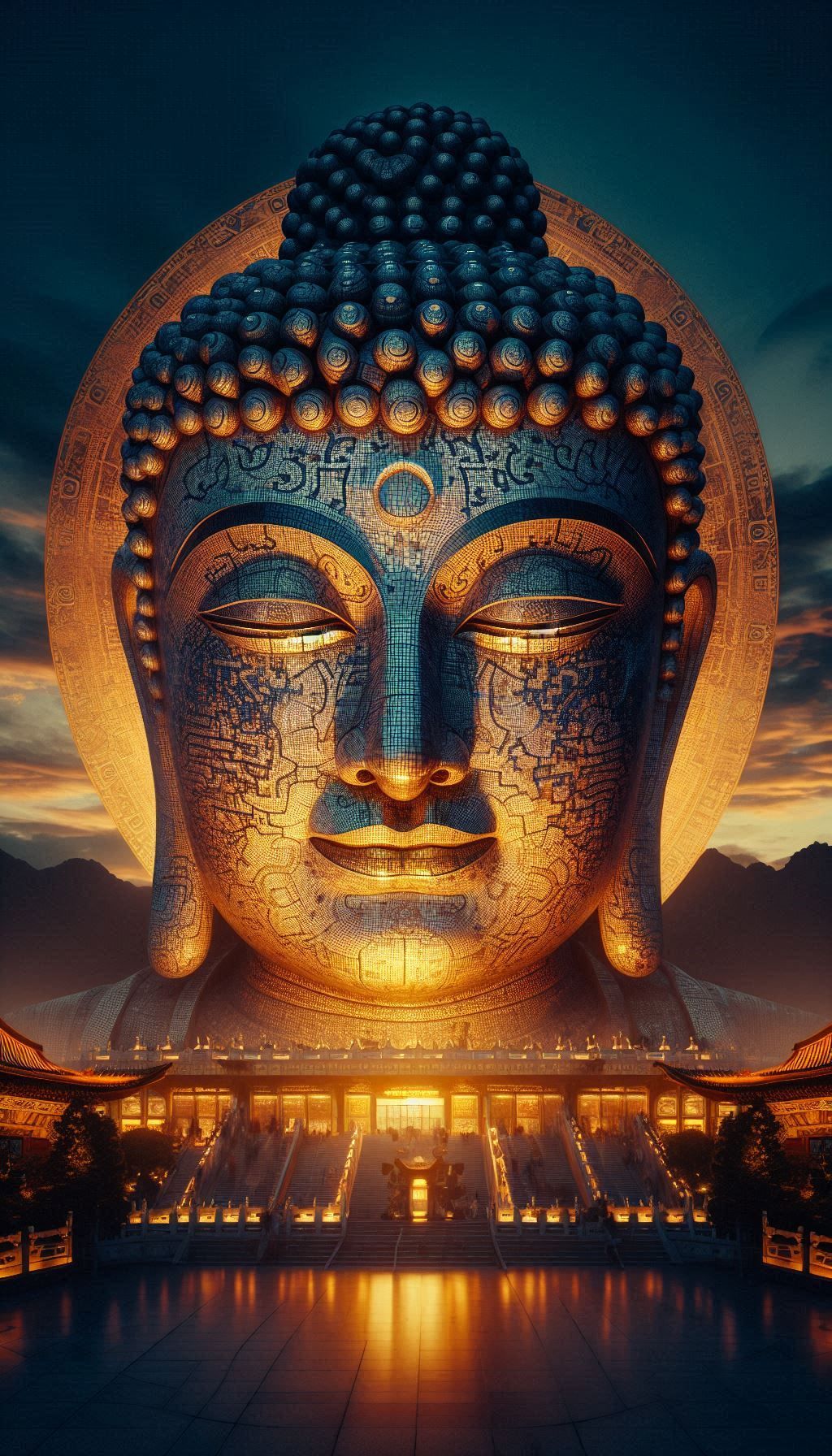 Golden Buddha face serene temple