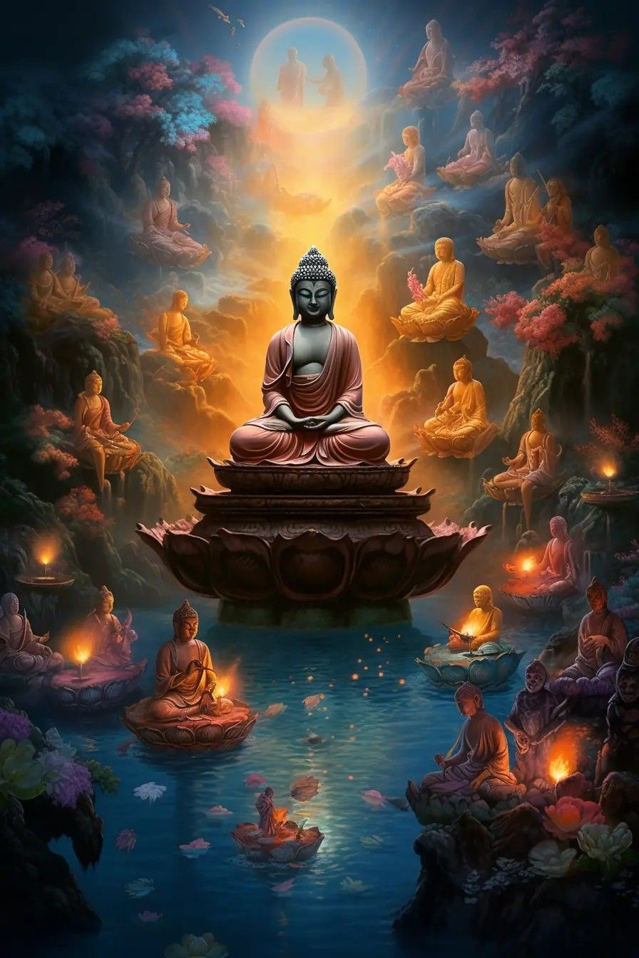 Buddha meditating on lotus with monks
