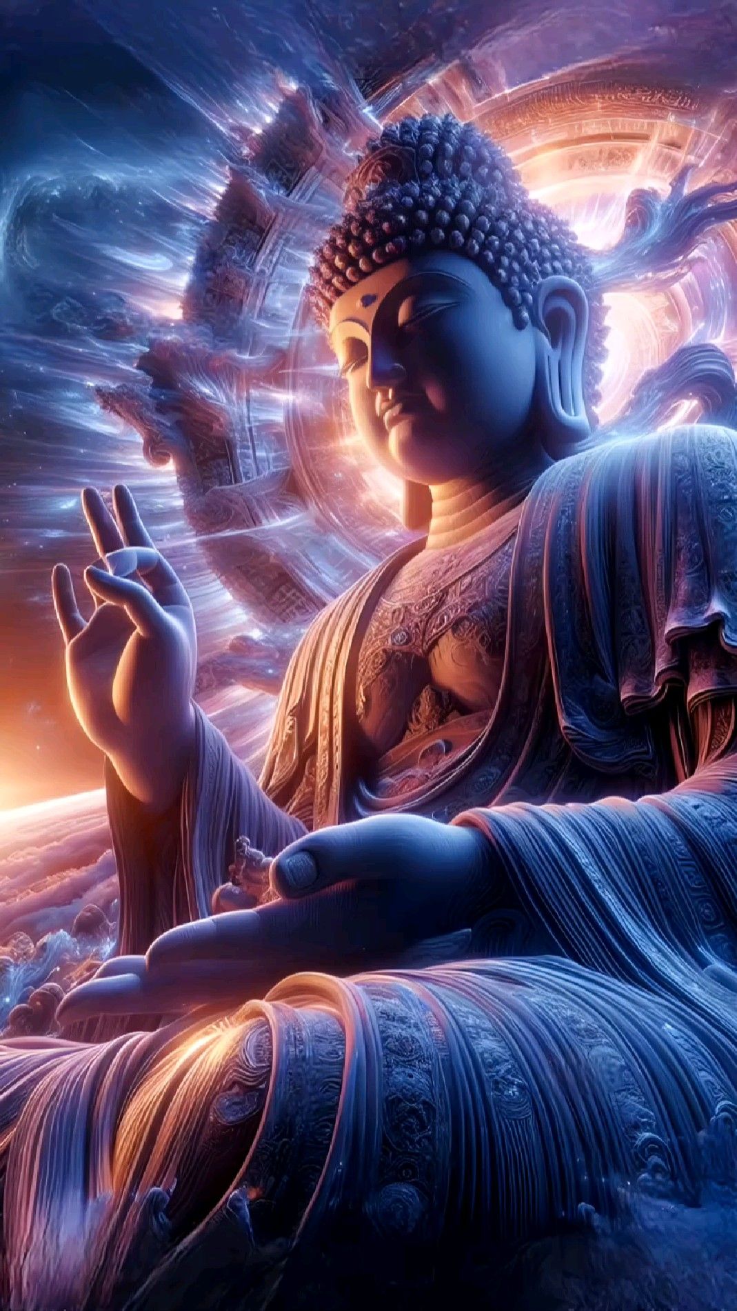Buddha meditating in cosmic energy
