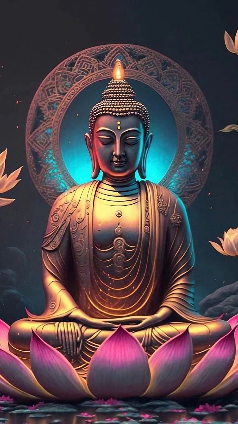 Buddha meditating amidst lotus flowers