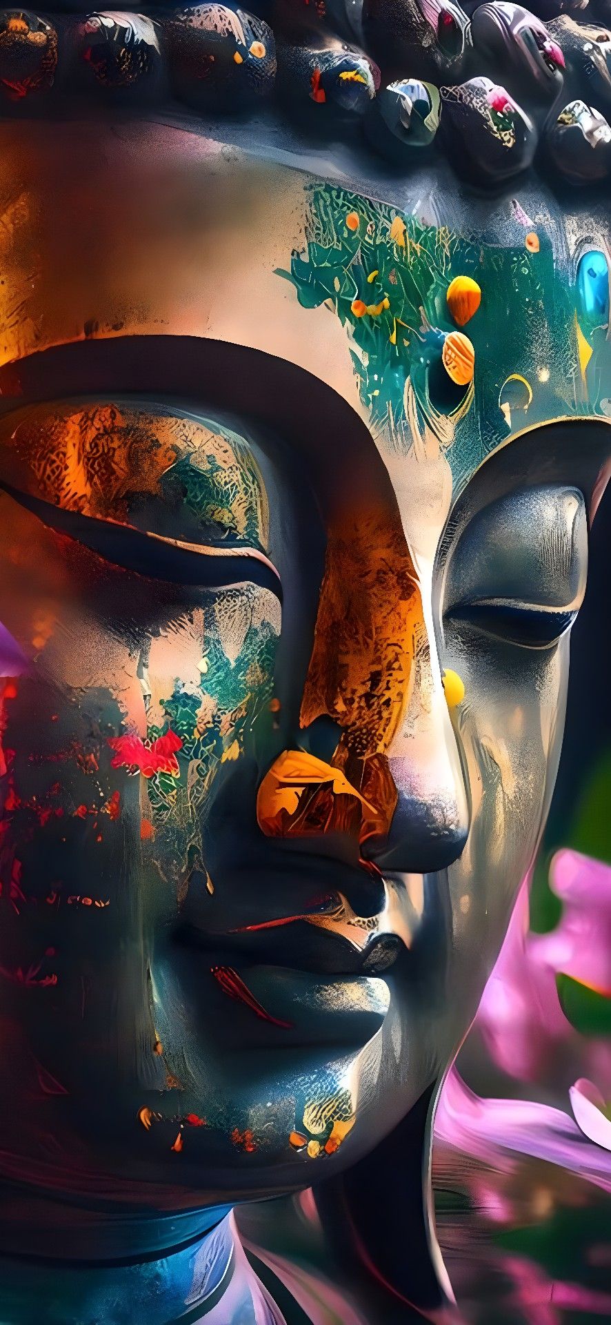 Colorful Buddha face serene portrait art
