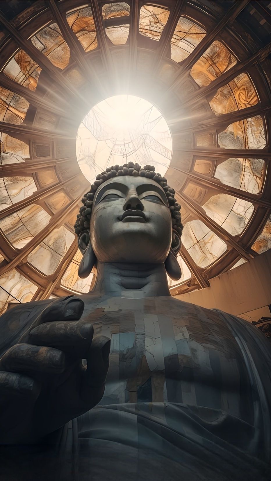 Buddha statue in temple bathed in light
