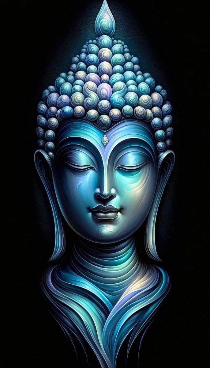 Enlightened Buddha face, serene portrait.