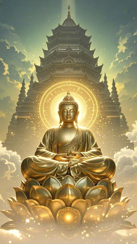 Buddha meditating beneath golden halo