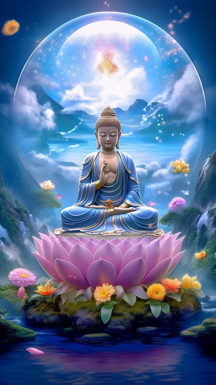 Buddha meditating on a lotus flower.