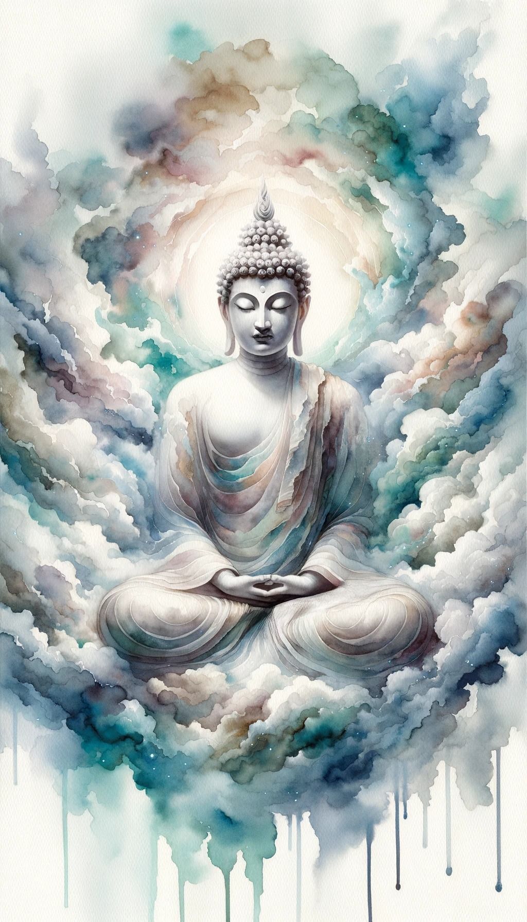 Buddha meditating in swirling clouds
