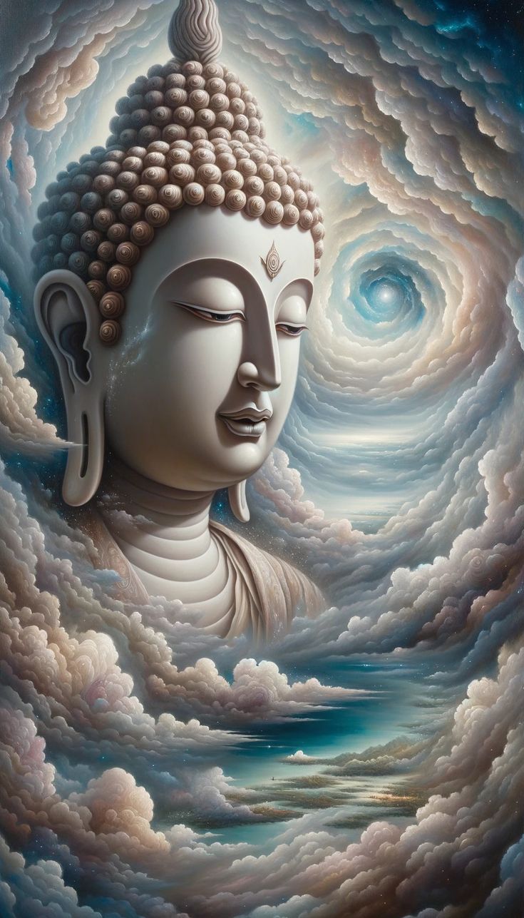 Buddha\'s face amidst cosmic clouds.