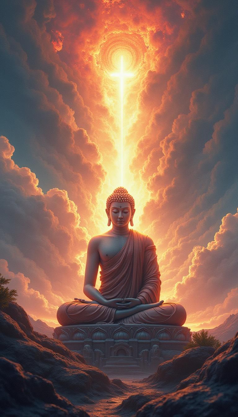 Buddha in lotus position, radiant aura