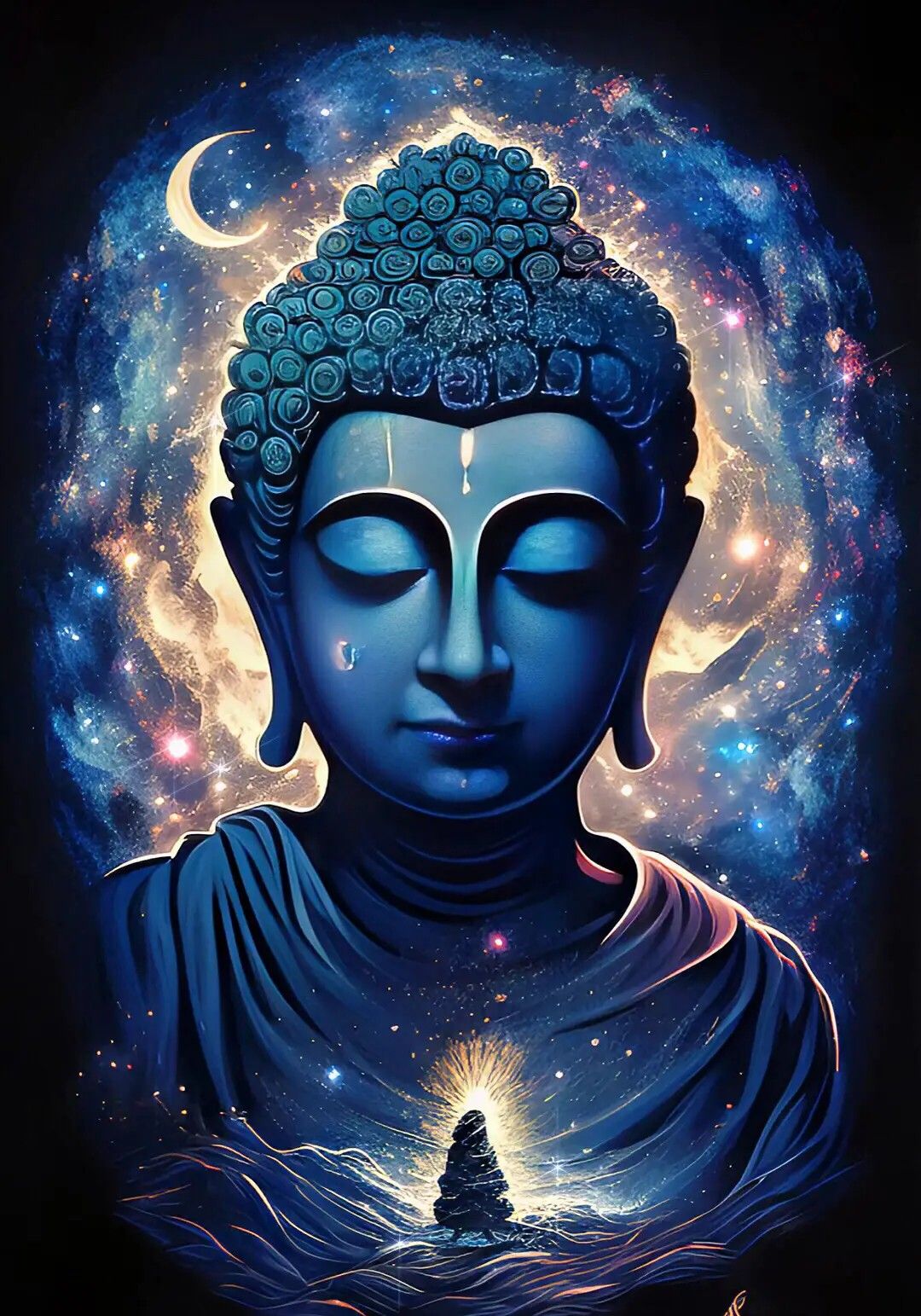 Serene Buddha face in cosmic background.