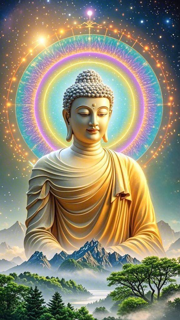 Buddha meditating with golden aura.