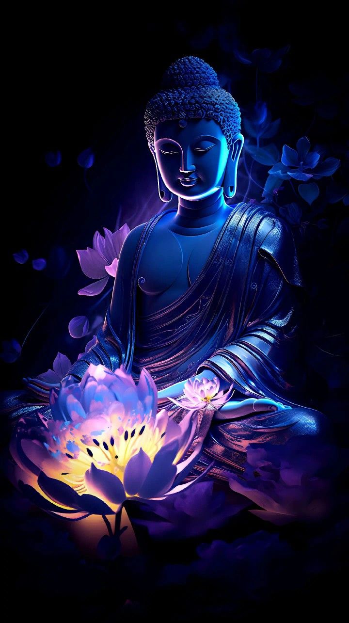 Buddha meditating amongst glowing lotus flowers