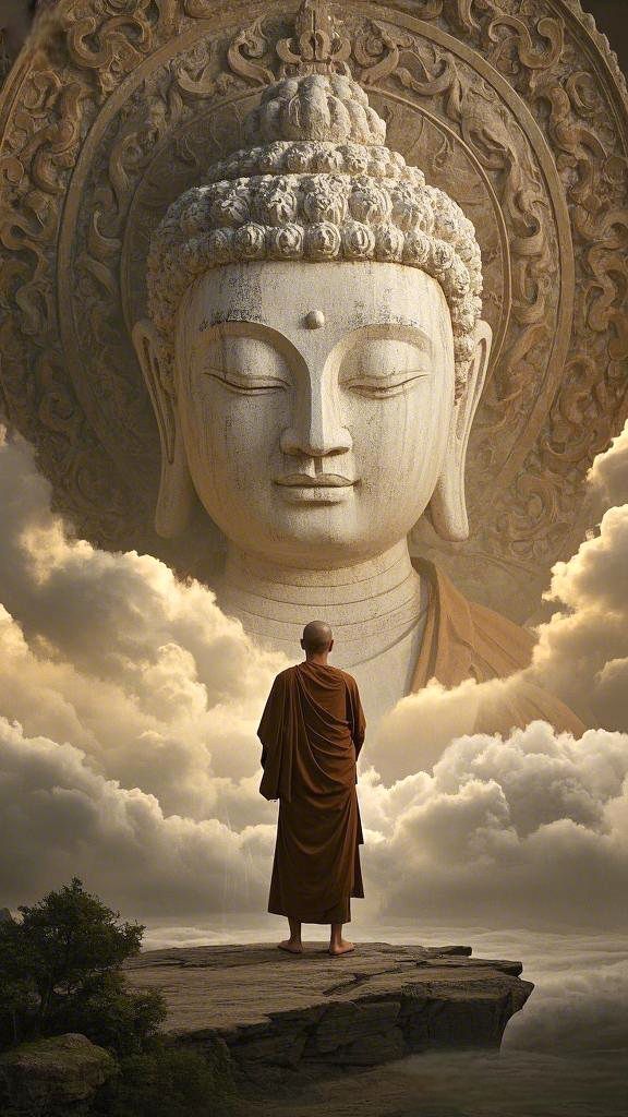 Buddha statue overlooking a peaceful monk.