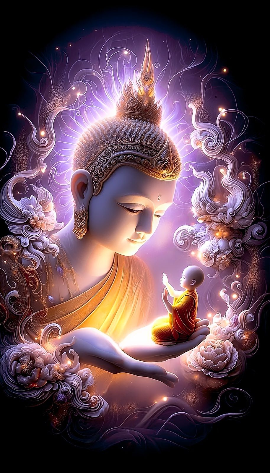 Buddha holding a monk in his hand