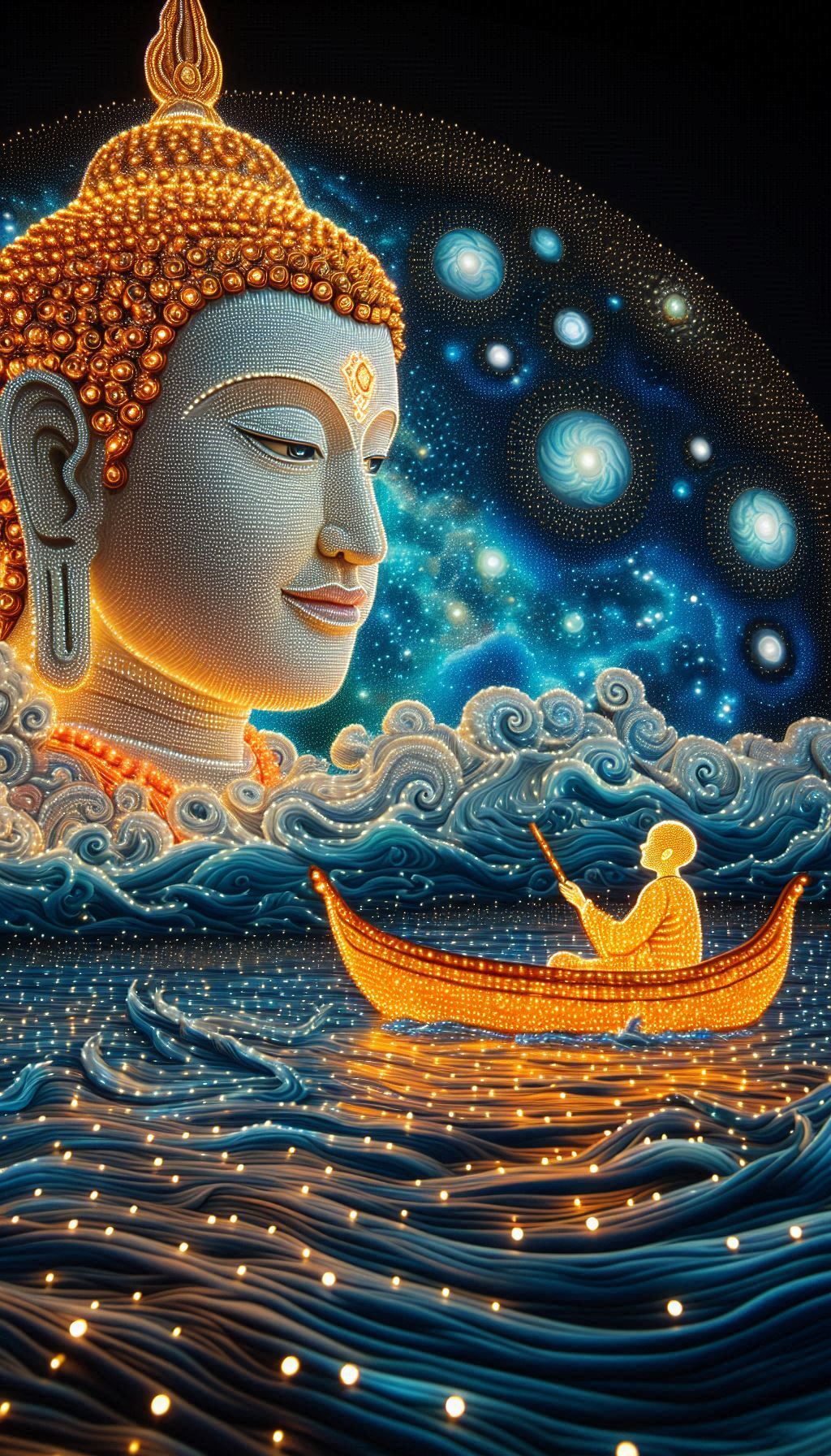 Buddha amidst cosmic waves and stars.