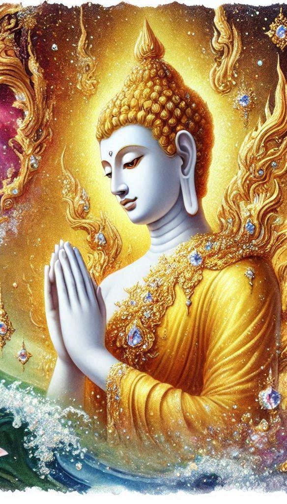 Buddha in prayerful posture, golden light.