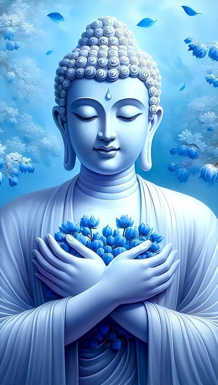 Buddha holding blue lotus flowers