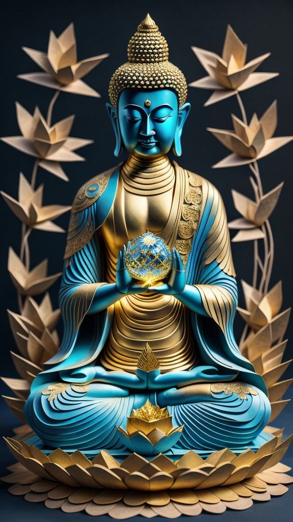 Buddha holding glowing orb, serene image