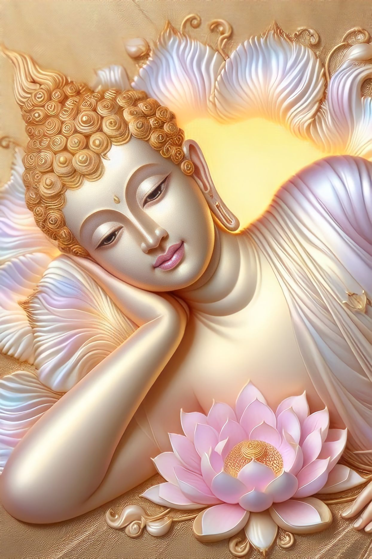 Golden Buddha reclining with a lotus