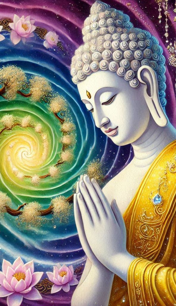 Buddha in meditative prayer amidst cosmic light