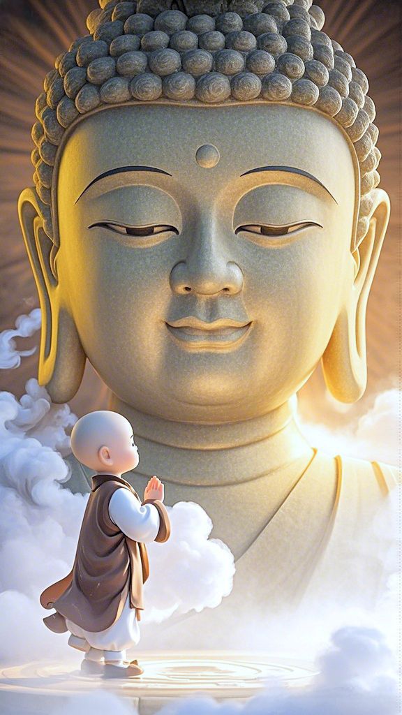 Golden Buddha with praying monk