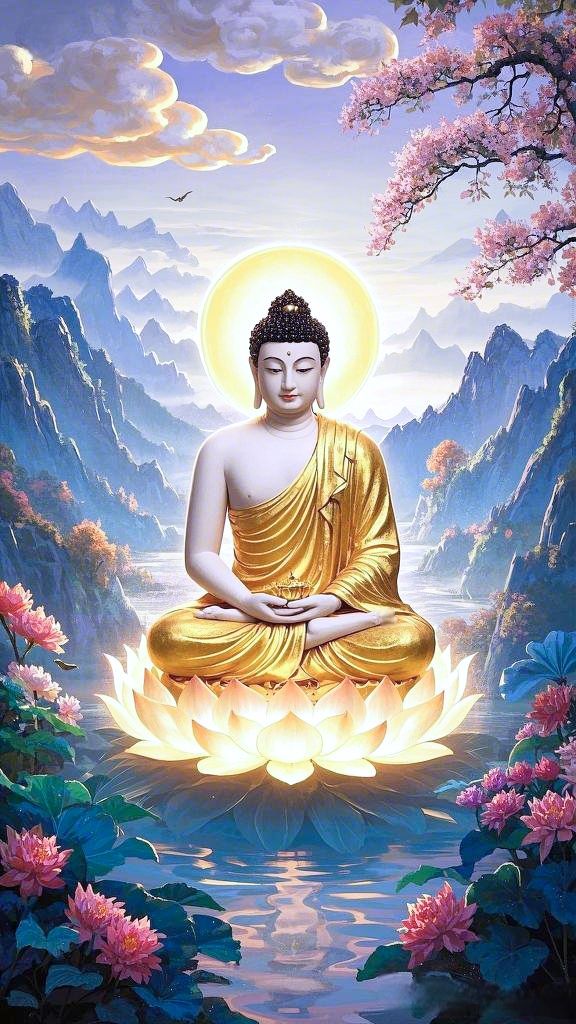 Buddha meditating in a peaceful landscape