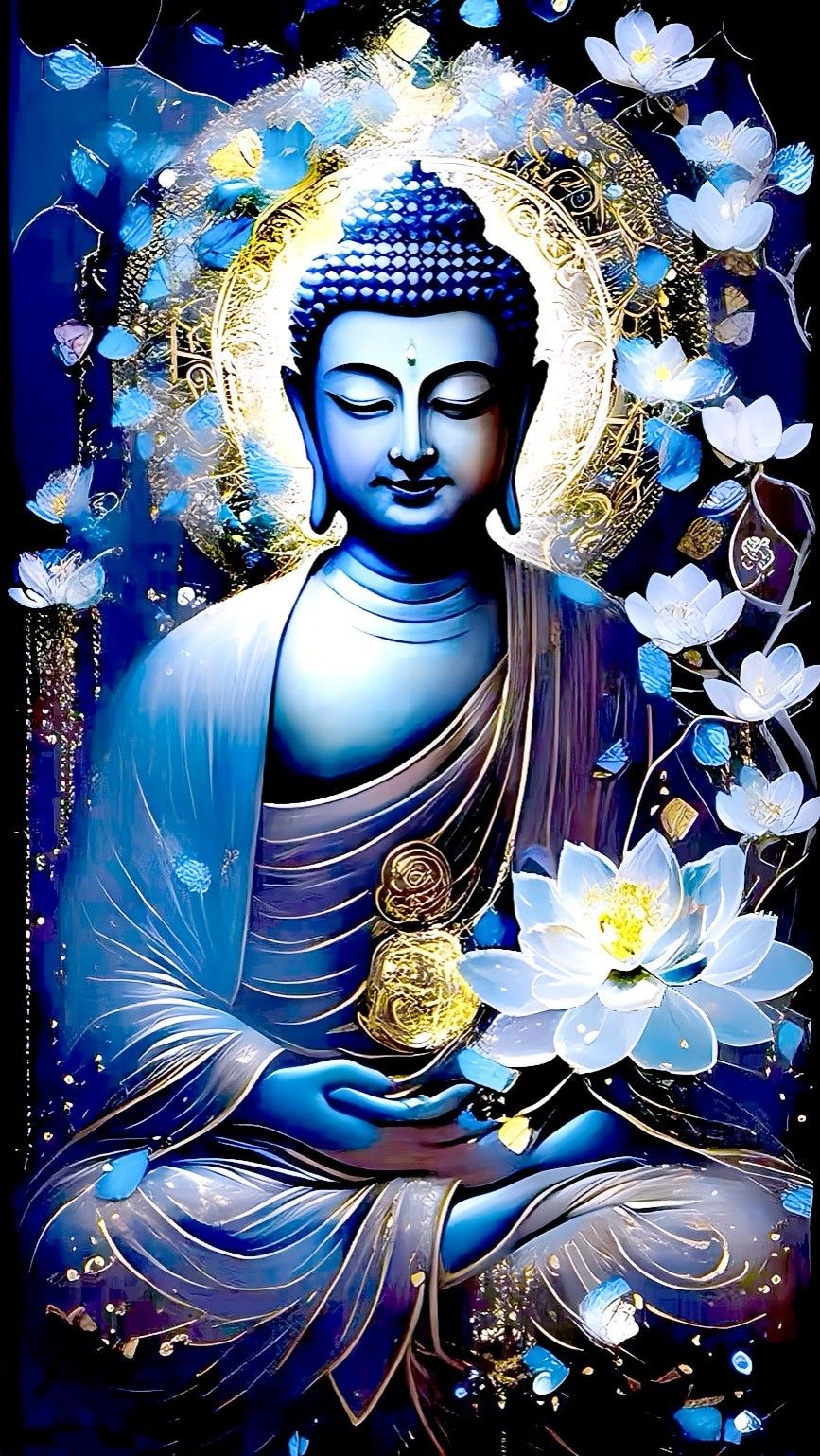 Buddha meditating amongst lotus blossoms.
