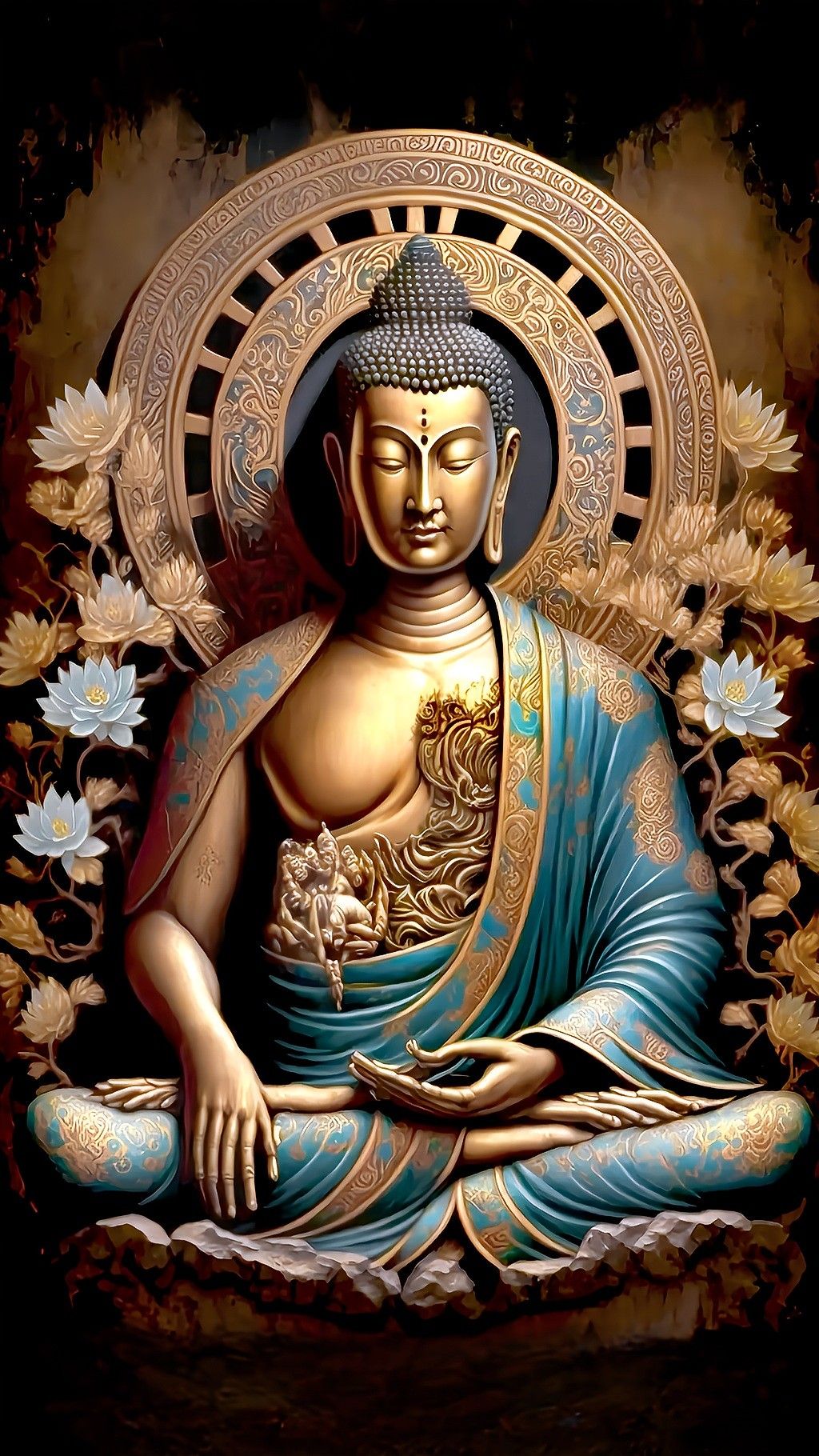 Buddha in meditative pose with lotus flowers.