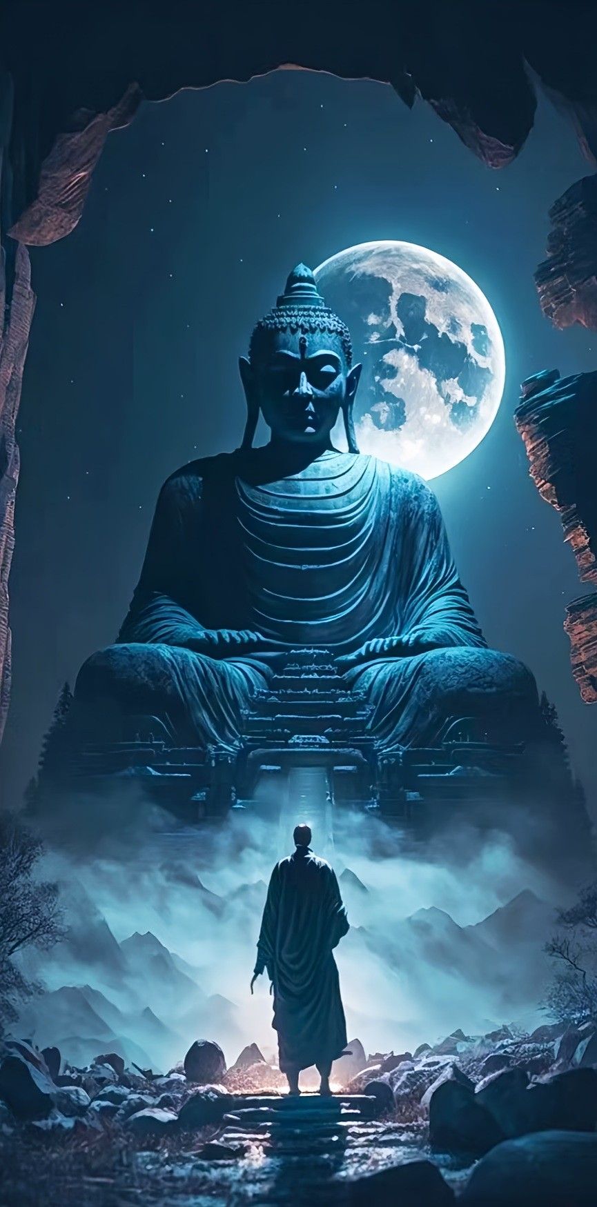 Buddha statue under a full moon.
