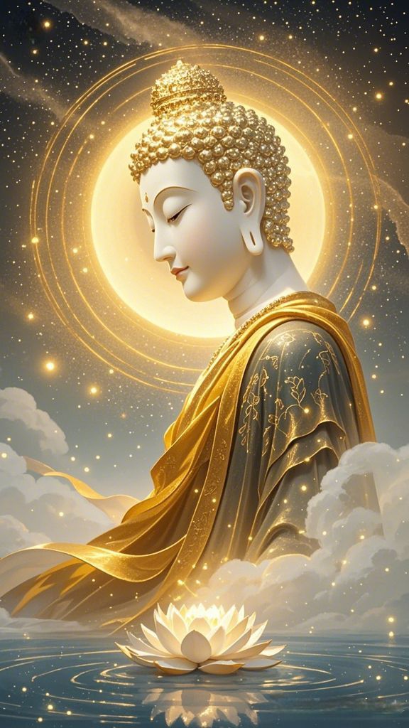 Buddha meditating under starry sky