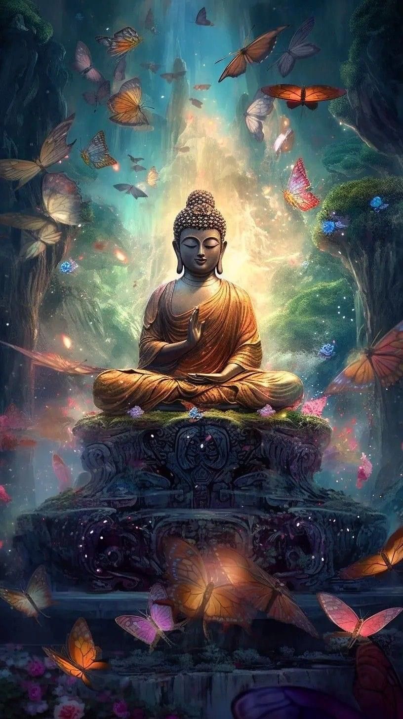 Buddha meditating amidst butterflies and light.