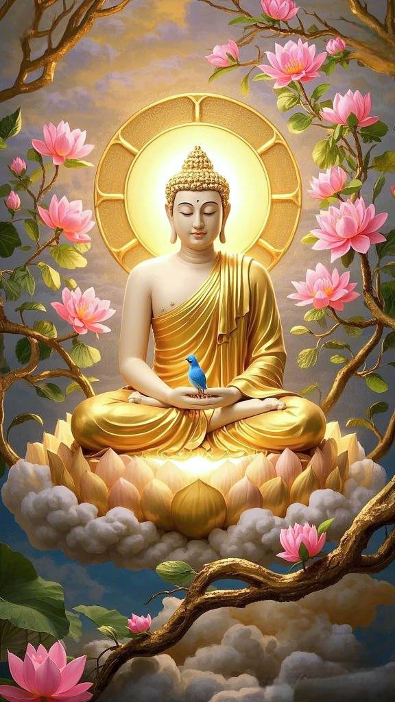 Buddha meditating amidst lotus flowers.