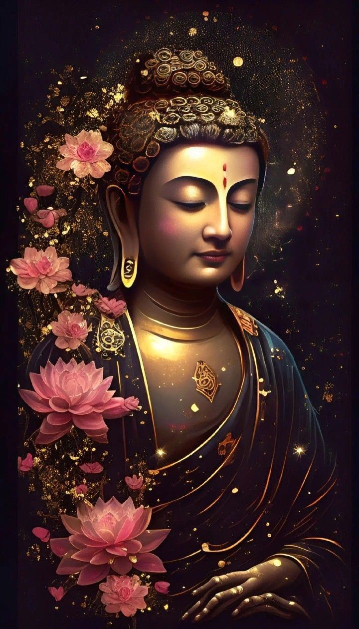 Buddha face with lotus flowers.