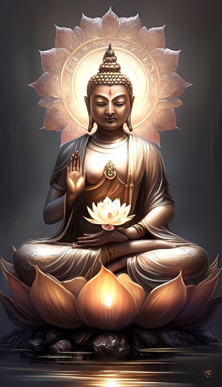 Buddha meditating on a lotus flower.