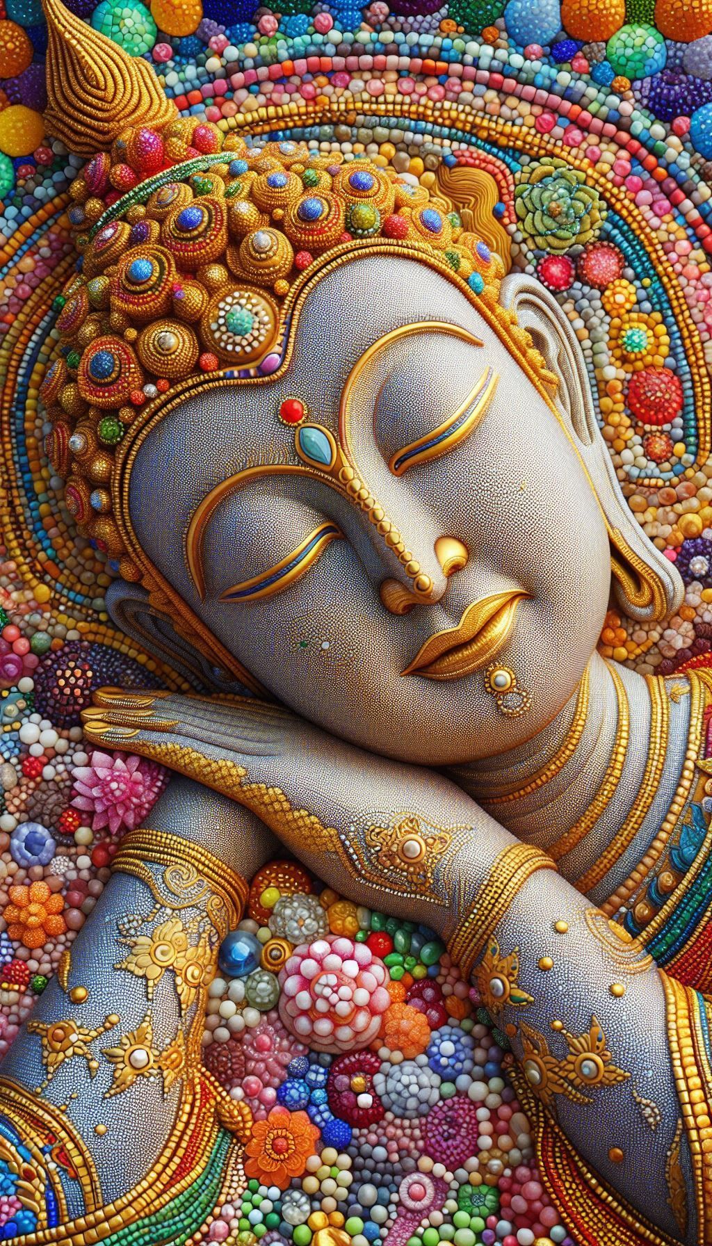 Serene Buddha face with floral details