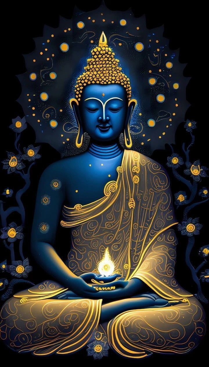 Blue Buddha meditating amongst golden light