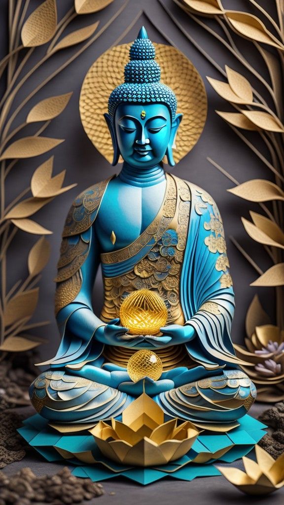 Blue Buddha meditating on lotus flower