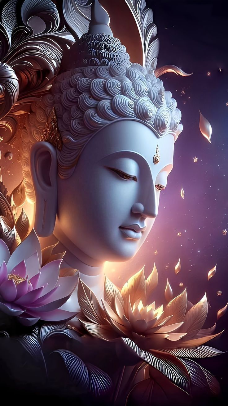 Peaceful Buddha portrait with lotus flowers