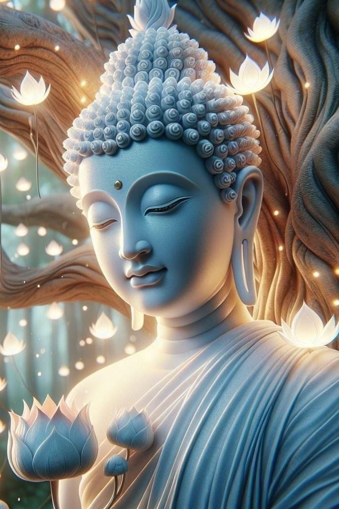Peaceful Buddha portrait with lotus flowers