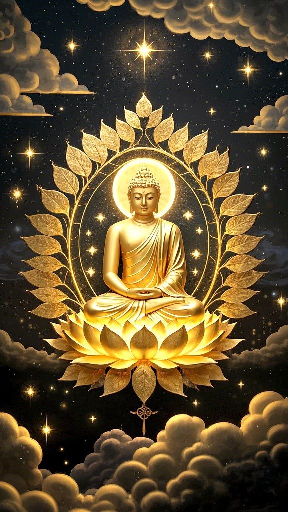 Buddha in golden lotus, peaceful meditation.