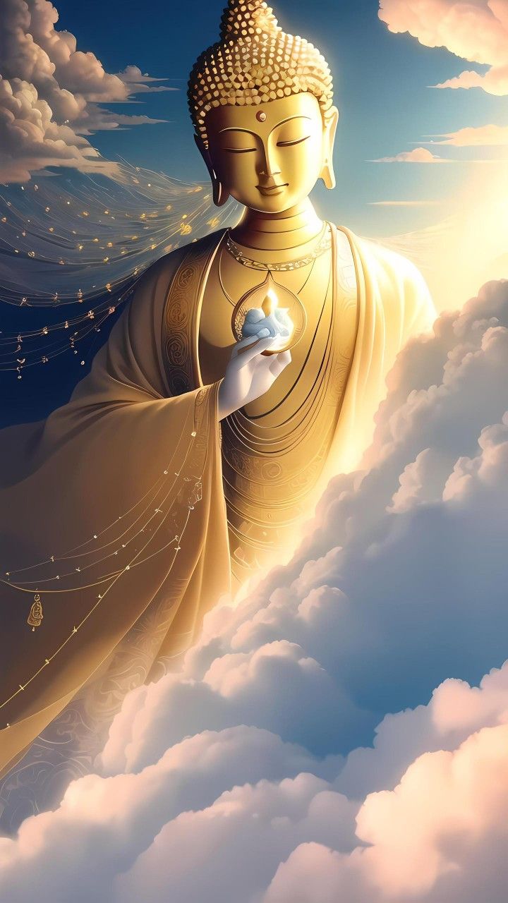 Golden Buddha surrounded by celestial clouds