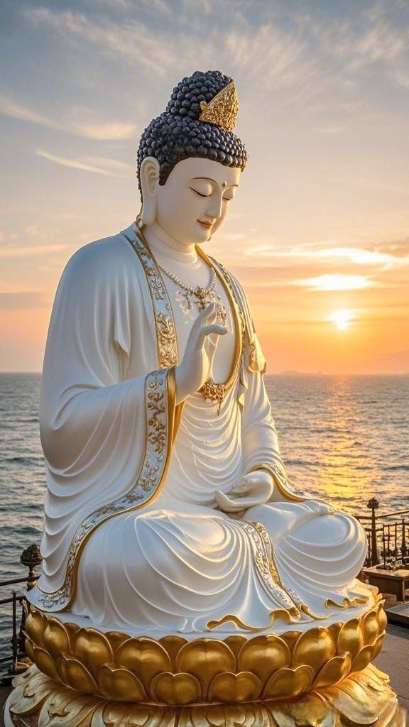 Buddha statue meditating by the ocean